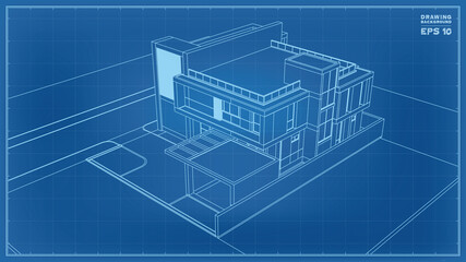 Blueprint Perspective. 3D render of tropical house wireframe. Vector illustration of house construction.