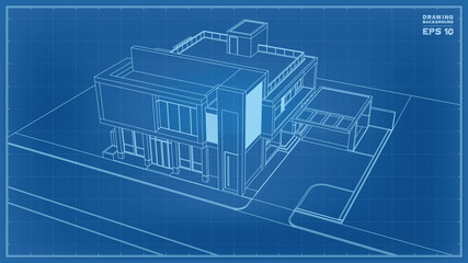 Fototapeta premium Blueprint Perspective. 3D render of tropical house wireframe. Vector illustration of house construction.