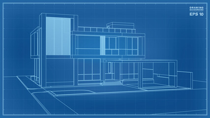 Blueprint Perspective. 3D render of tropical house wireframe. Vector illustration of house construction.