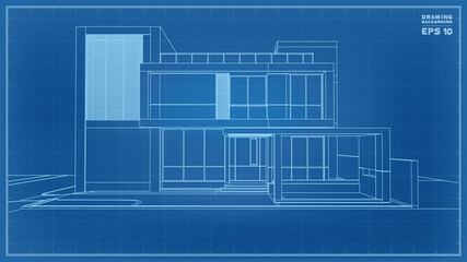 Blueprint Perspective. 3D render of tropical house wireframe. Vector illustration of house construction.