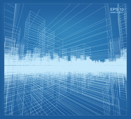 Abstract 3D perspective render of building wireframe. Architectural construction graphic idea. Vector.