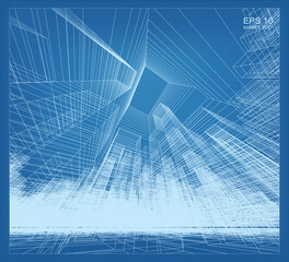 Abstract matrix wireframe space of building. Perspective wireframe background. Vector.