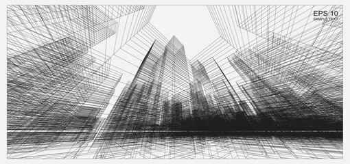 Perspective 3D render of building wireframe. Abstract wireframe city background of building. Vector. - obrazy, fototapety, plakaty