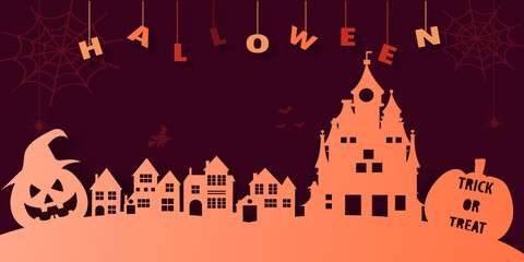 Happy Halloween Town with pumpkins spiders and castle in paper cut style. Vector illustration.	