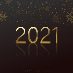 Happy 2021 Year card with golden text and snowflakes on black background. Vector.