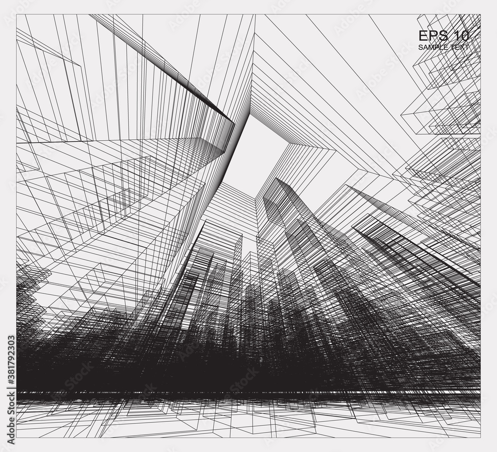 Poster abstract matrix wireframe space of building. 3d perspective wireframe background. vector.