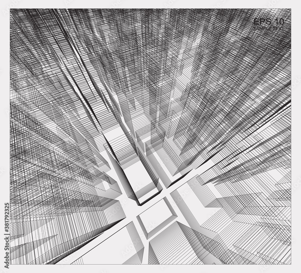 Poster abstract matrix wireframe space of building. 3d perspective wireframe background. vector.