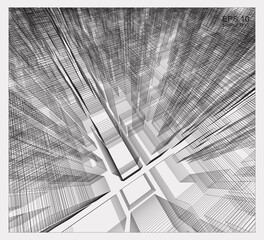 Abstract matrix wireframe space of building. 3D Perspective wireframe background. Vector.