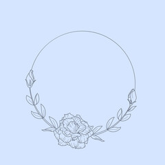 Circle frame of Lisianthus Flowers and branches. Round icon in a trendy minimalistic linear style. Vector Floral wreath for cosmetics logo, beauty Studio, hair salon, handmade, spa