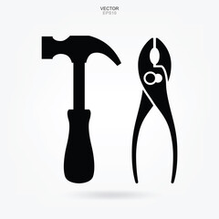 Hammer and Pliers wrench icon. Craftsman tool sign and symbol. Vector.