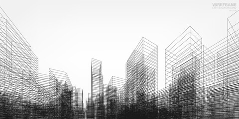 Wireframe city background. Perspective 3D render of building wireframe. Vector.