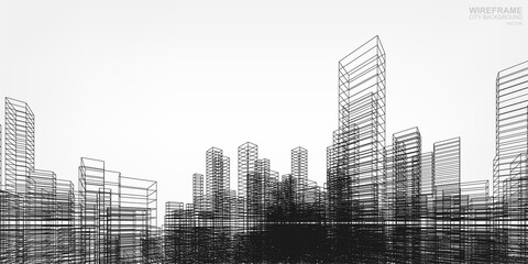 Wireframe city background. Perspective 3D render of building wireframe. Vector.