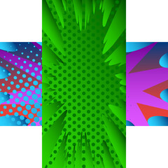 Comic book backgrounds on each others in cross shape with white corners. Cartoon design colored illustration. Vector comics backdrop.
