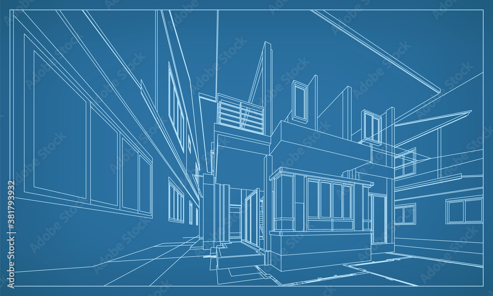 Poster 3d perspective render of building wireframe structure. abstract construction graphic idea. vector.