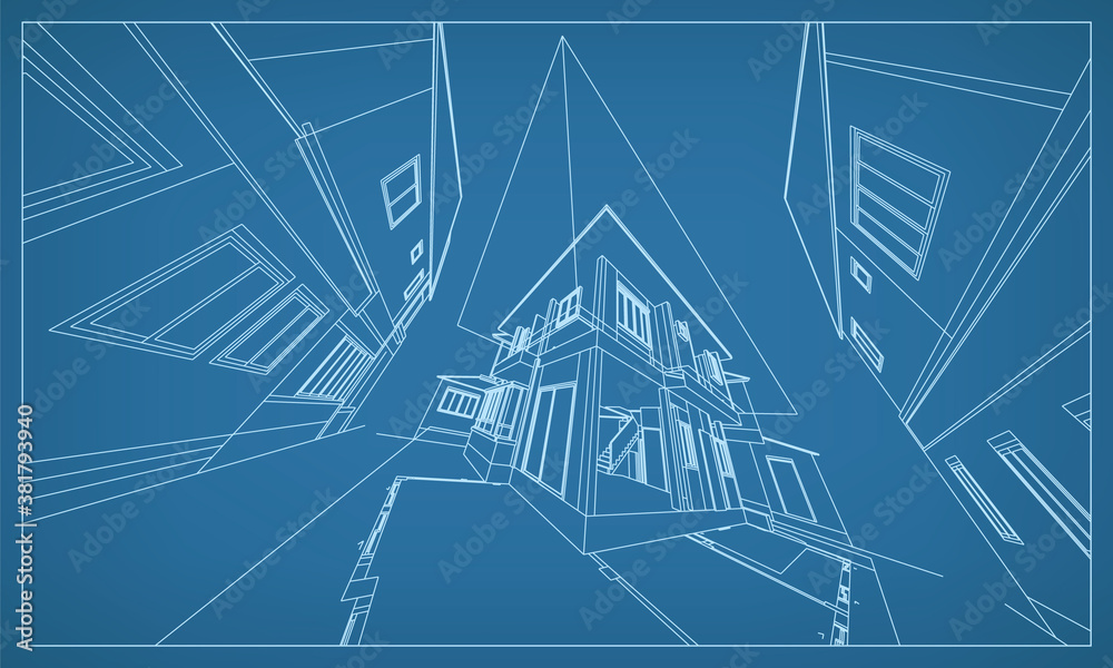 Poster 3d perspective render of building wireframe structure. abstract construction graphic idea. vector.