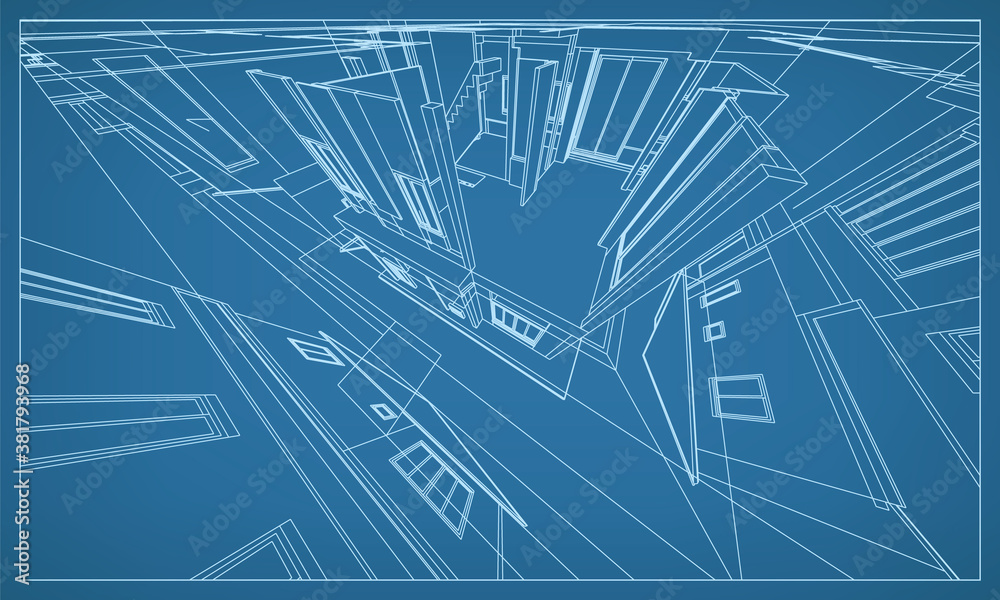 Poster 3d perspective render of building wireframe structure. abstract construction graphic idea. vector.