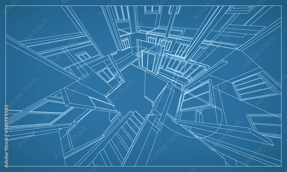 Poster 3d perspective render of building wireframe structure. abstract construction graphic idea. vector.