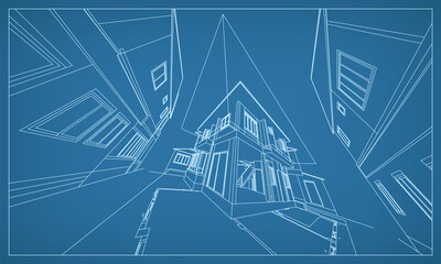 3D perspective render of building wireframe structure. Abstract construction graphic idea. Vector.