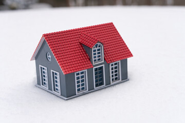 A small house model on white snow background