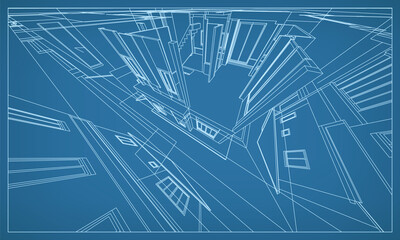 3D perspective render of building wireframe structure. Abstract construction graphic idea. Vector.