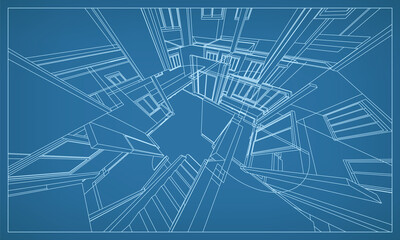3D perspective render of building wireframe structure. Abstract construction graphic idea. Vector.