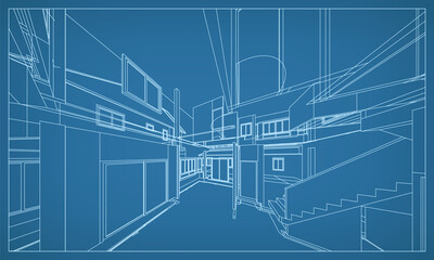 3D perspective render of building wireframe structure. Abstract construction graphic idea. Vector.
