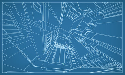 3D perspective render of building wireframe structure. Abstract construction graphic idea. Vector.