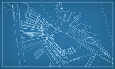 3D perspective render of building wireframe structure. Abstract construction graphic idea. Vector.