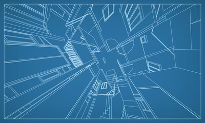 3D perspective render of building wireframe structure. Abstract construction graphic idea. Vector.