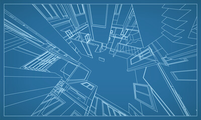 3D perspective render of building wireframe structure. Abstract construction graphic idea. Vector.