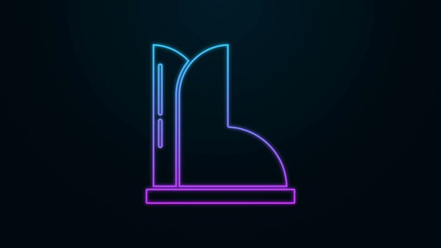 Glowing neon line Waterproof rubber boot icon isolated on black background. Gumboots for rainy weather, fishing, gardening. 4K Video motion graphic animation