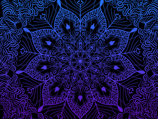 Dark blue, electric blue mandala design with black background and full page sized art work, illustration. 