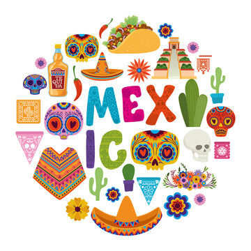 icon set circle and mexico day of the dead vector design
