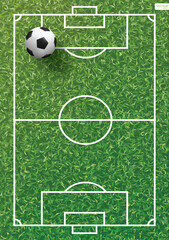 Soccer football ball on green grass of soccer field pattern and texture background. Vector.