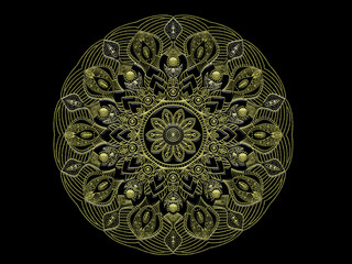 Gold, golden, yellow mandala symmetrical art, design, illustration on black background. 