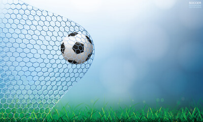 Soccer ball in goal. Football ball and white net with light blurred bokeh background. Vector.