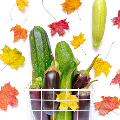 Composition with vegetables. Whole ripe zucchini and eggplant are in a metal wicker basket on a white background. Yellow and red dried maple leaves are scattered nearby. Harvesting. Food ingredients.