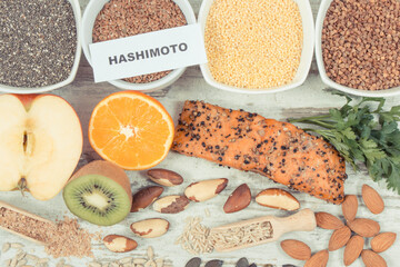 Inscription hashimoto with healthy eating for thyroid gland. Ingredients containing vitamins and minerals