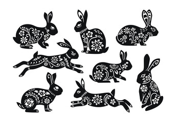 Set of easter rabbit decorations isolated on white background