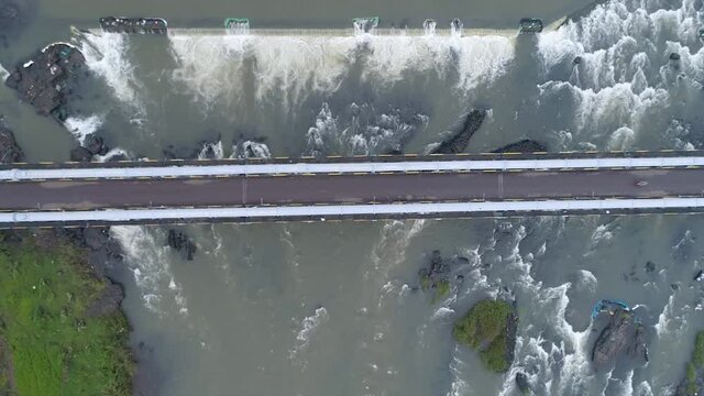 Aerial View Of Pisa Dam BRidge To the Dam At  A Crispy Height Via Drone