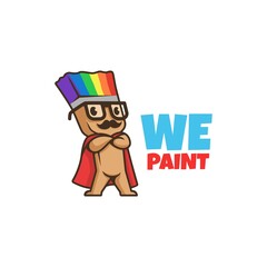 we paint logo. smiling paint brush character with mustache. logo paint. color logo. rainbow paint.