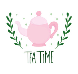 tea time pink teapot branches nature, kitchen ceramic drinkware, floral design cartoon