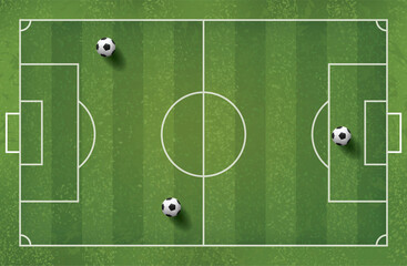 Soccer football ball on green grass of soccer field pattern and texture background. Vector.