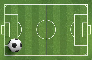 Soccer football ball on green grass of soccer field pattern and texture background. Vector.