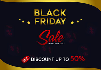Black Friday super sale limited offer, red and black abstract banner layout in flat Free design Vector template with dark golden background.