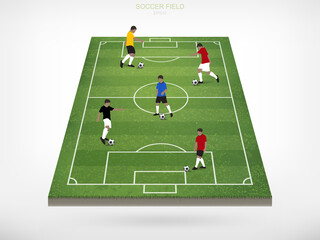 Soccer player and soccer football ball in area of soccer field with white background. Abstract action of outdoor sport for create soccer game. Vector.
