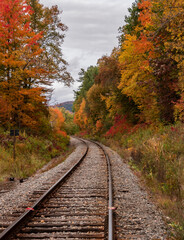 Fototapeta na wymiar Railway path leading line in autumn landscape
