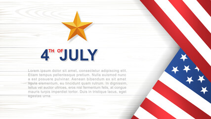 Fototapeta na wymiar 4th of July - Background for USA(United States of America) Independence Day with white wood pattern and texture and American flag. Vector.