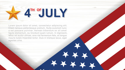 4th of July - Background for USA(United States of America) Independence Day with white wood pattern and texture and American flag. Vector.