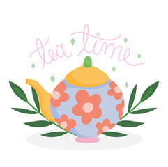 tea time kettle with printed flowers decoration, kitchen ceramic drinkware, floral design cartoon